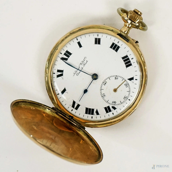 Orologio da tasca in oro 12 kt, inizi XX secolo, diam cm 4,6, (meccanismo da revisionare)