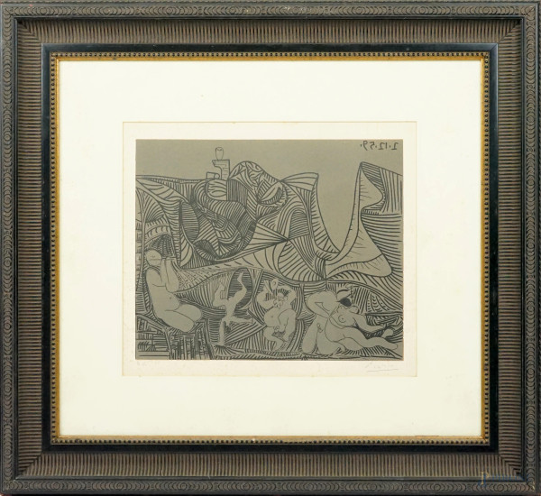Pablo Picasso - Baccanale au Hibou, incisione su linoleum, esemplare H.C., cm 31x36,5 circa, entro cornice, (macchie sulla carta)