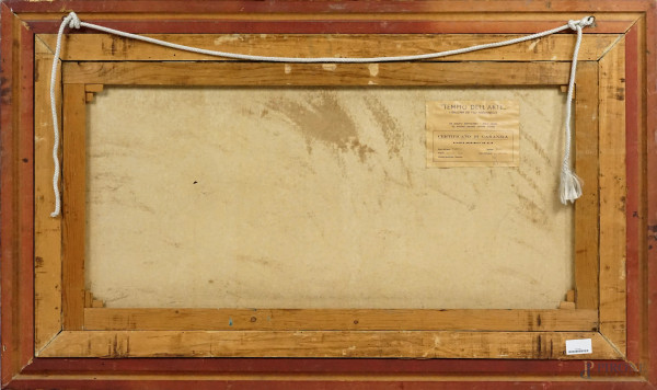 Paesaggio con ponte e viandante, olio su tela, XX secolo, cm 120x59,5, entro cornice