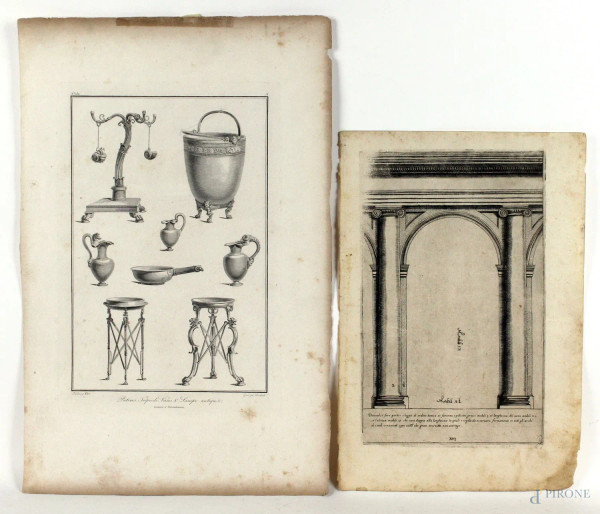 Lotto di due incisioni raffiguranti portico e treppiedi, vasi e lampade antiche del XVIII-XIX secolo, misure max cm 53x34, (difetti)