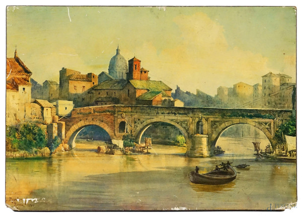 Roma sparita, stampa a colori applicata su tavola, cm 39x56, XX secolo, (difetti)