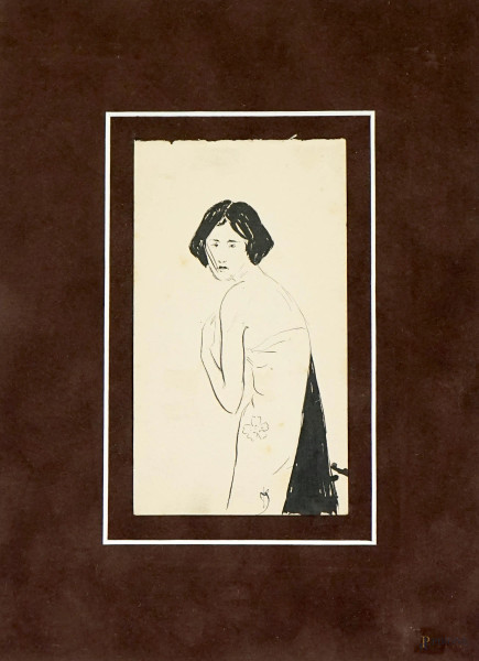Studio di ragazza, penna su carta, siglato P.S., cm 22x15