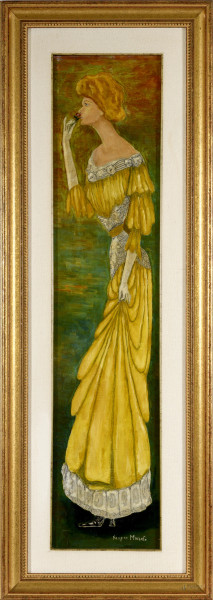 Scipio Moscato (XX), Dama con fiore, tecnica mista su tela, cm 89,5x19,5 entro cornice,(difetti)