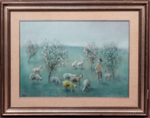 Fernando Troso - Paesaggio con contadino e gregge, olio su tela, cm. 50x70, entro cornice.