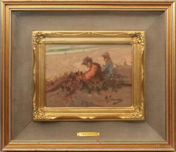 Antonio Pecoraro - Pescatori con le reti, olio su tela cm 18x24, entro cornice.