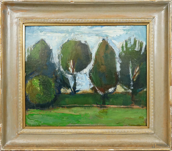 Paesaggio con alberi, olio su cartone, cm 42x51, siglato, in cornice, (difetti).