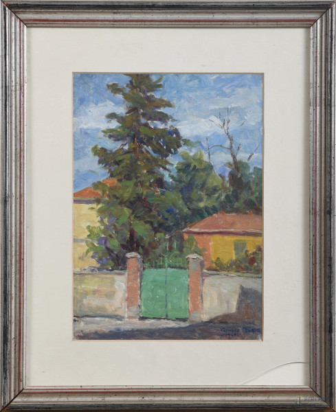 Giulio Boetto, Cancello Verde, olio su cartone, cm 35x25, firmato e datato 1949 in basso a destra, entro cornice, (segni di usura, ondulazioni del supporto)