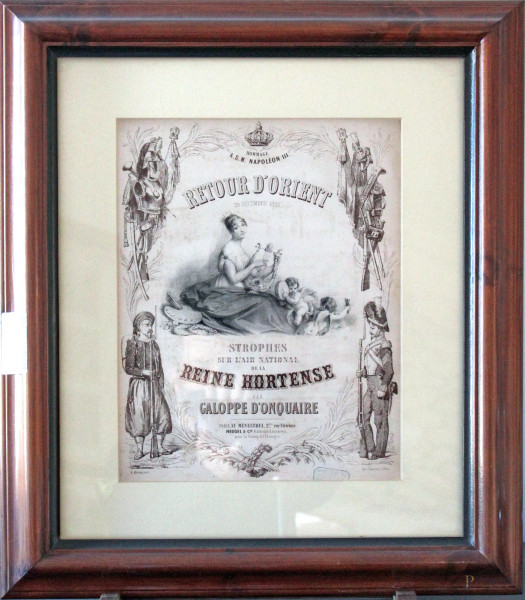 Antica stampa, Omaggio a Napoleone III, cm. 34x25, entro cornice.