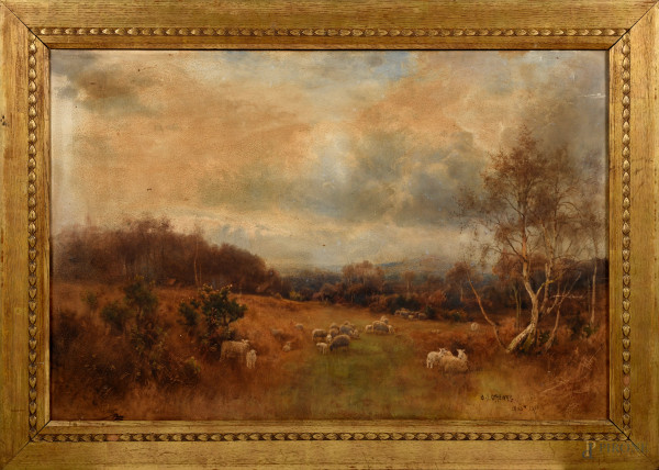 Paesaggio con gregge,  XIX-XX secolo, tecnica mista su tela, firmato e iscritto "1892-1901" in basso a destra, 61x91, entro cornice, (lievi segni di umidità e piccole abrasioni della superficie)