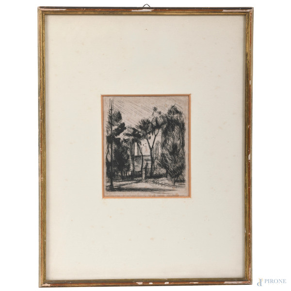 Enrico Castelli (1909-1980), Scorcio di facciata, acquaforte, cm 41x31 compreso passepartout, firmato in basso a destra, entro cornice