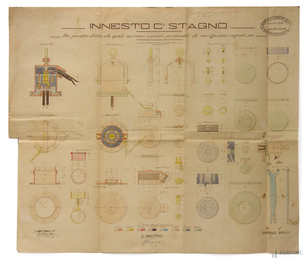 Quintino Bonomo (XIX sec.) Capitano di fregata e tenente di vascello, Progetto per gli impianti elettrici a bordo delle Regie Navi e l&#39;Alluminio, 1894, composto da carteggio esplicativo e da quattro tavole originali, cm 65x50.