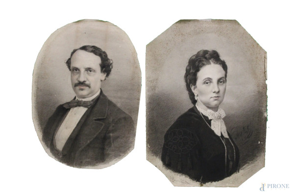 Coppia di ritratti Lui e Lei, tecnica mista su carta, misura massima 72x50 cm