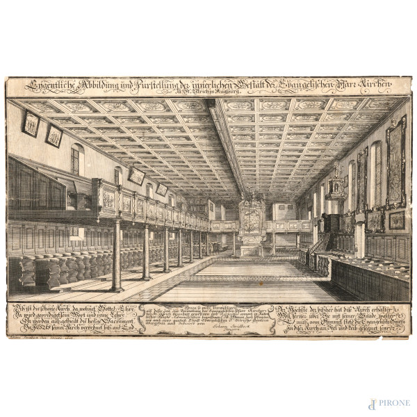 Incisione raffigurante interno di chiesa, cm 25x38,5, iscritto in basso "Johann Stridbeck excudit 1694" (piegature, strappi, difetti)