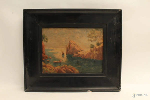 Scorcio marino e sul retro paesaggio fluviale dipinti ad olio su tavola, XIX sec, cm. 31x24, entro cornice.