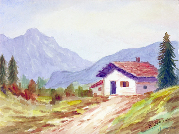 G. Bruno (XX sec.) Paesaggio montano con casale, acquarello su carta, cm 24x18, fine anni ‘40, firmato