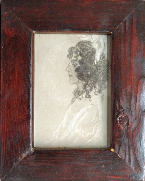 Ritratto di donna, disegno su carta, cm 16 x 10,5, entro cornice.