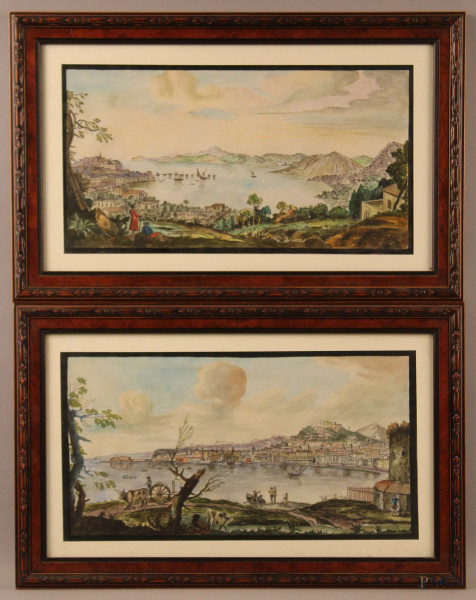 Coppia di paesaggi raffiguranti costiere liguri, acquarelli su carta, 20x39 cm, XX sec, entro cornici.