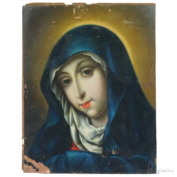 Pittore del XVIII secolo, Madonna, olio su rame applicato su tavola, cm 27,5x22,2, (difetti)