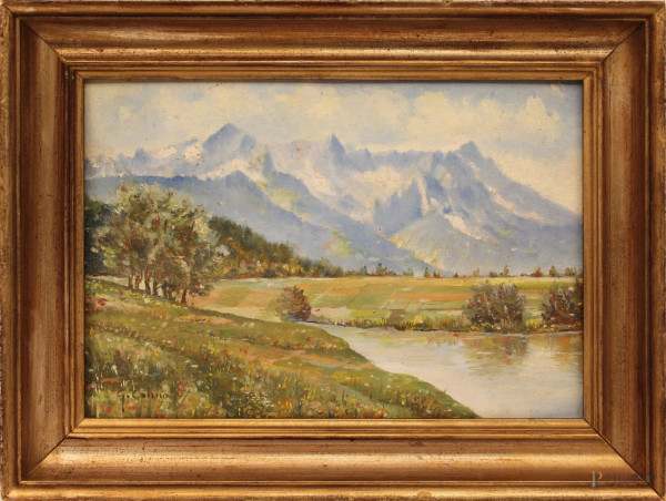Paesaggio montano, olio su tavola, 20x30 cm, firmato, primi 900.