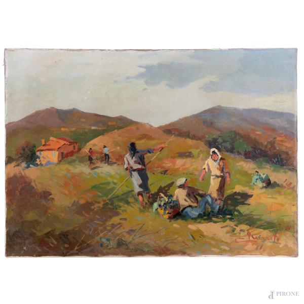 Lavoro nei campi, XX secolo, olio su tela, cm 50x70, firmato in basso a destra, (segni di usura, difetti)