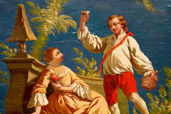 Coppia di dipinti raffiguranti due scene galanti, olio su tavola, cm 52,5x41 circa, entro cornice