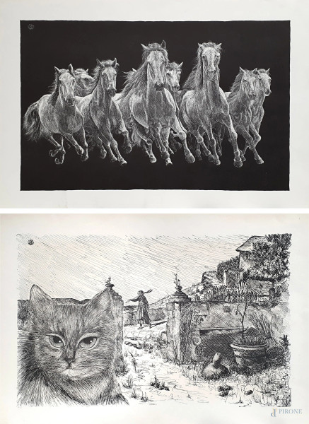 Ettore Giaccaglia - Due grafiche raffiguranti Gatto con paesaggio e Cavalli al galoppo, ciascuna cm 43x63