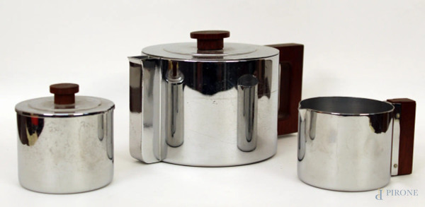 Servizio Dec&#242; da caff&#232; in metallo cromato marcato Manning Bauman, composto da caffettiera, lattiera, zuccheriera e vassoio.