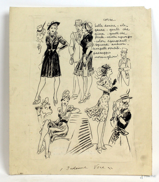 Luigi  Bompard - Belle donne, china su carta, cm 29,5x25