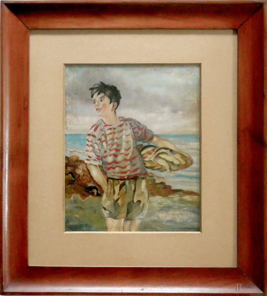 Ragazzo con pesci, olio su cartone telato scuola macchiaiola, cm 25x30 in cornice in ciliegio