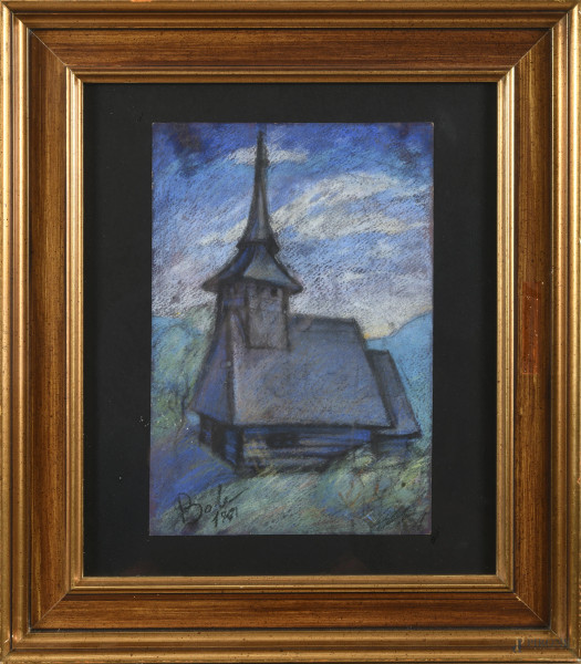 Chiesa romena, XX secolo, pastello su carta, cm 31x21, firmato in basso a sinistra, entro cornice