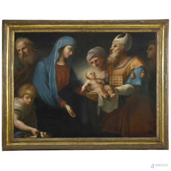 Presentazione al tempio, olio su tela, cm 75x99 entro cornice, XVIII secolo, (difetti)
