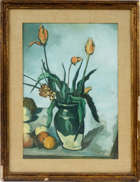 Tulipani, tempera su cartone, cm 50x35, XX secolo,  entro cornice.