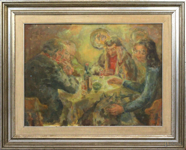 Interno con figure, olio su tavola, cm 60x80, firmato e datato Duringer 1975, entro cornice