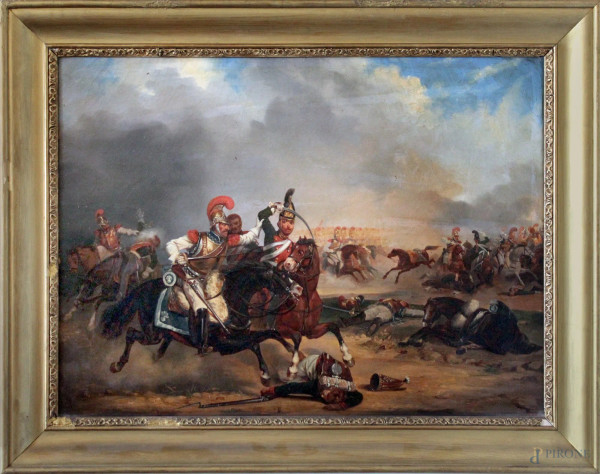 Battaglia, olio su tela, inizi XIX sec., cm 54 x 74, entro cornice.