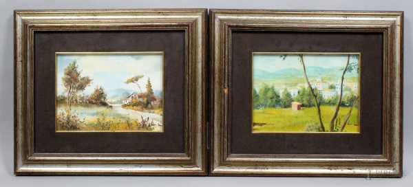 Paesaggi, coppia di dipinti ad olio su tela, cm. 18x24, firmati, entro cornici.