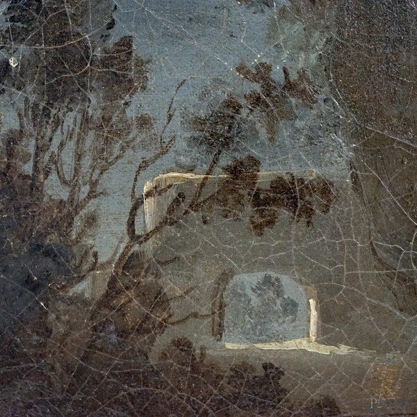 Paesaggio fluviale con pescatori e viandanti al chiaro di luna, olio su tela, XIX secolo, cm 35x4...
