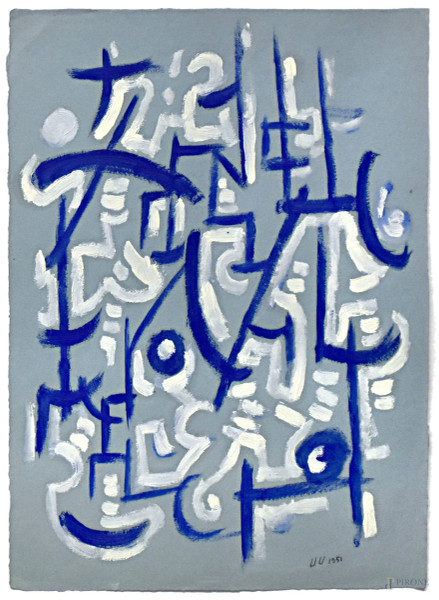 Artista del Novecento, Composizione astratta in blu e bianco, 1951, tecnica mista su carta, cm 35x25, siglato e datato 1951