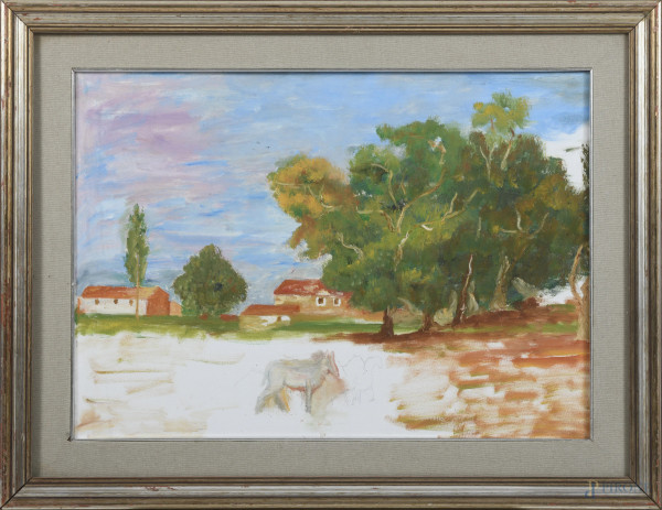 Paesaggio con cavalli, XX secolo, acrilico su tela, cm 50x70, entro cornice