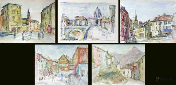 Artista francese del Novecento, lotto composto da cinque dipinti ad acquarello su carta raffiguranti varie vedute parigine, cm 34x26 ciascuno