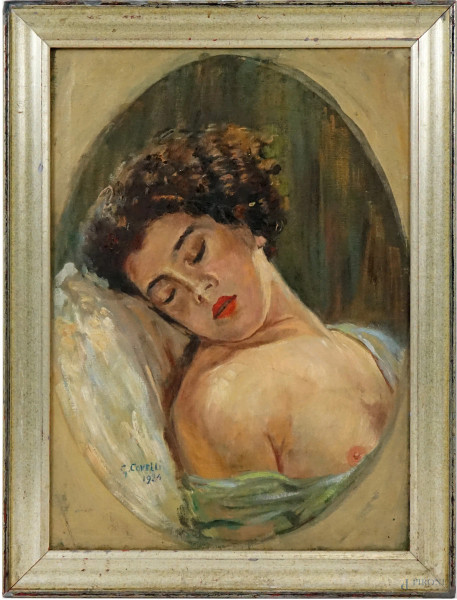 Ritratto di donna, olio su tela, cm 61x43, firmato e datato G.Covelli 1926, entro cornice.