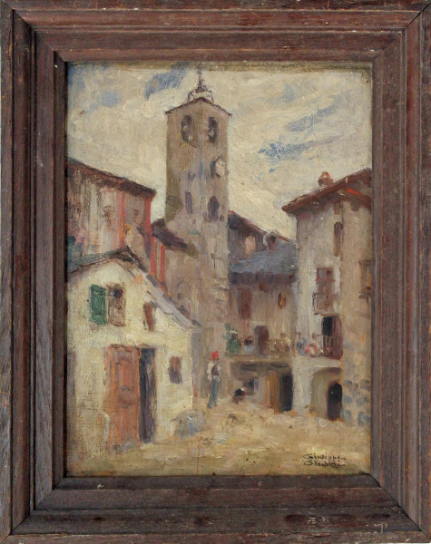 Scorcio di paese, olio su tavola, cm 30x22, firmato, entro cornice.