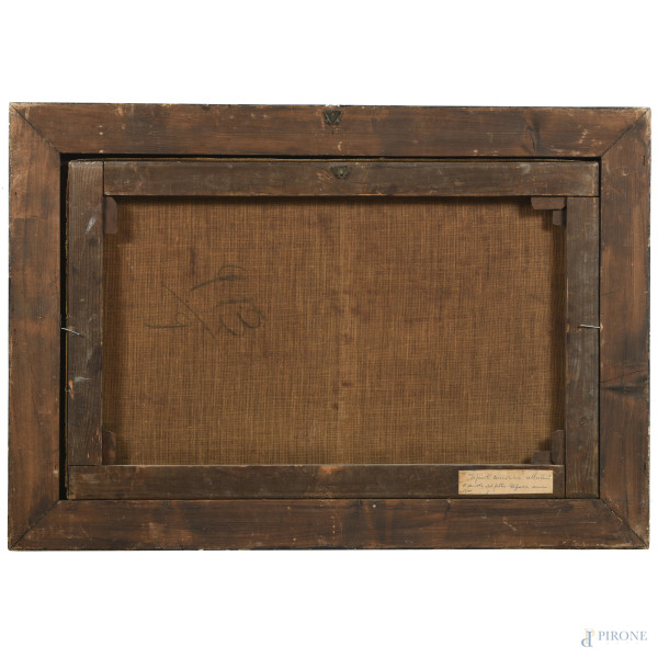 Putti in un giardino, XIX secolo, olio su tela, cm 49x77, entro cornice, (segni di usura, lieve c...