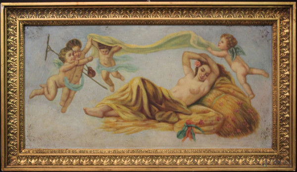 Coppia dipinti a soggetti di allegorie di putti con fanciulle ad olio su tela 60x29 cm, entro cornici.