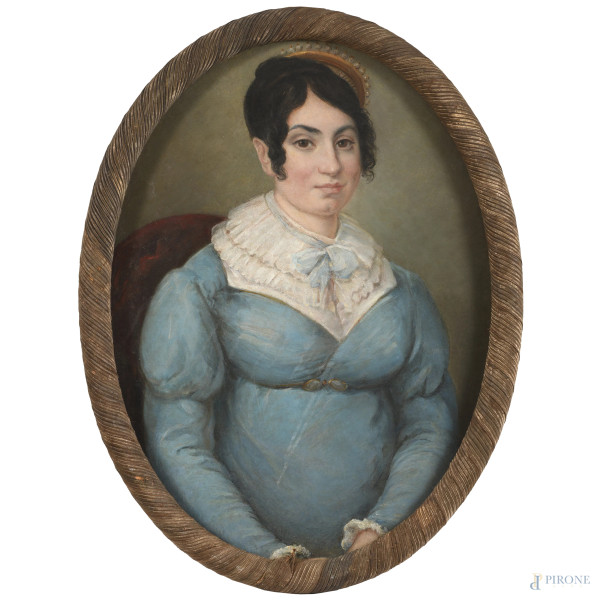 Ritratto di donna, XIX secolo, olio su tela a serto ovale, cm 69x50,5, entro cornice, (lievi segni di usura)