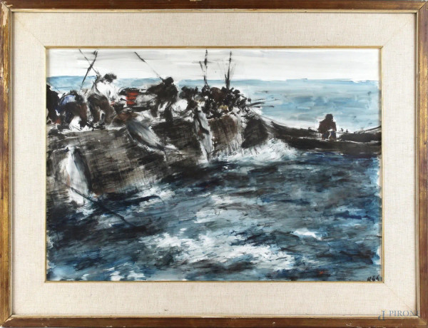 Pescatori, acquarello su carta, cm 39,5x56, XX secolo, entro cornice