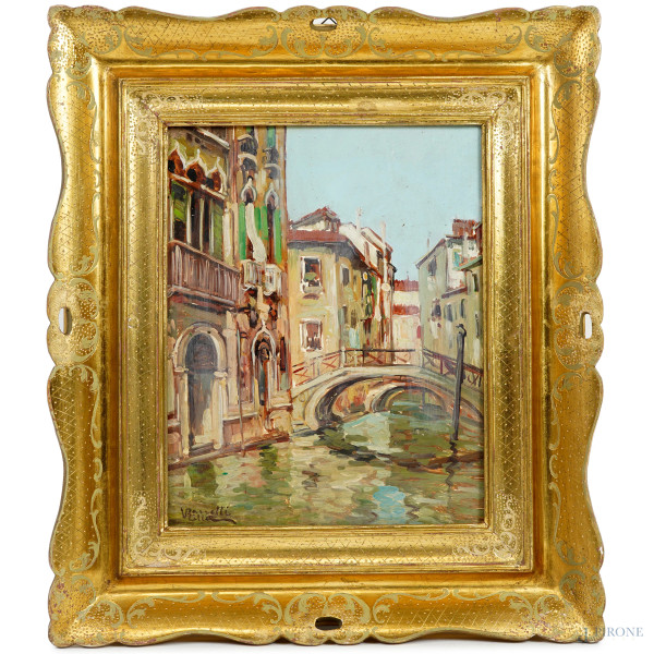 Scorcio di Venezia, olio su tavola, firmato, cm 30x25, entro cornice