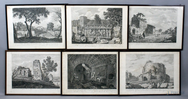 Lotto di sei incisioni da "La Via Appia Illustrata" di Carlo Labruzzi (1748-1817), cm 46,5x65,5, entro cornici, (difetti, macchie)