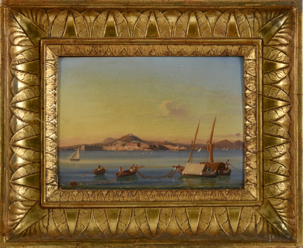 Golfo di Napoli, olio su cartone, cm 18x25, firmato in basso a destra, entro cornice, (cartone lievemente imbarcato)