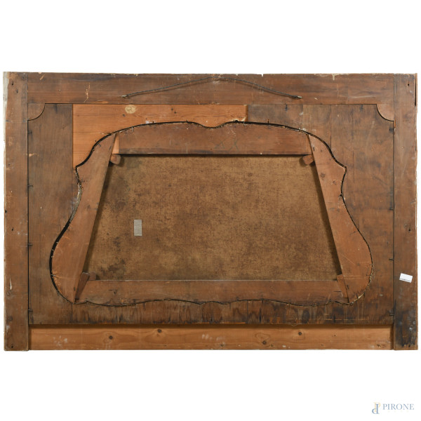 Scena galante, XIX-XX secolo, olio su tela sagomata, cm 86x150, entro cornice, cm 134x197