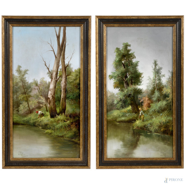 Coppia di dipinti raffiguranti paesaggi, olio su tela, cm 62x32,5, firmati in basso a destra, entro cornice